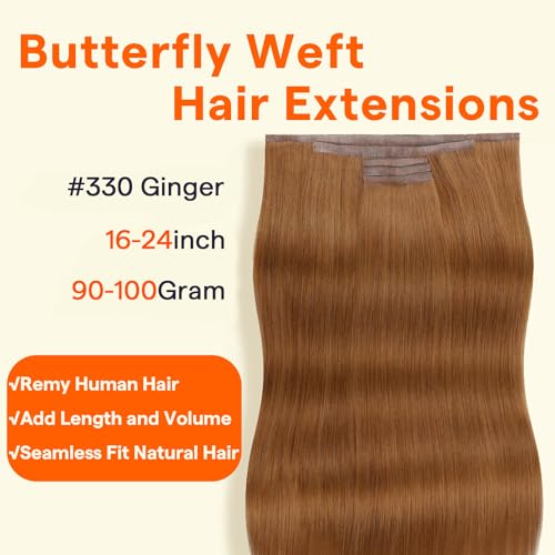 Image of Full Shine Butterfly Weft Hair Extensions 20 Inch 5Pcs 100g Full Head | Ginger Pu Holes Weft, Thin Hair Transformation, Wedding Styling, Micro Beads Method, Special Occasion Hair, Natural Blending