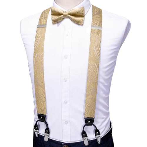 Image of YOHOWA Men Suspenders 6 Clips Strength Adjustable Y Braces Pre-Tied Bow Tie Set Formal Wedding Party