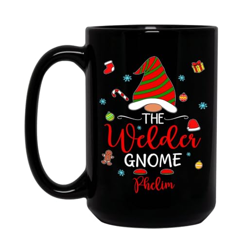 The Welder Gnome Coffee Cup, Welder Gnome Personalized Name, Welder Christmas Cups, Xmas Welder Tea Mug Gifts For Family Friends, Custom Welder Xmas Travel Cup, Black Ceramic Mug 11oz and 15oz