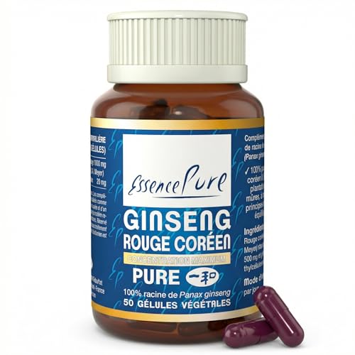 Ginseng Rouge de Corée 1000mg | Panax Ginseng Concentration Maximale en Ginsénosides | Énergie Mentale & Physique | Adaptogène Naturel | 50 Gélules...