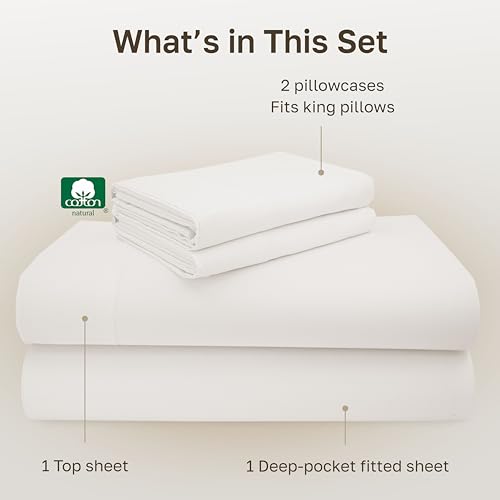 Image of California Design Den Deep Pocket King Sheets Set - Luxuriously Soft 600 Thread Count 100% Cotton Sateen Bedding, King Size Sheet Set, All Around Elastic, Snug Fit - True Ivory