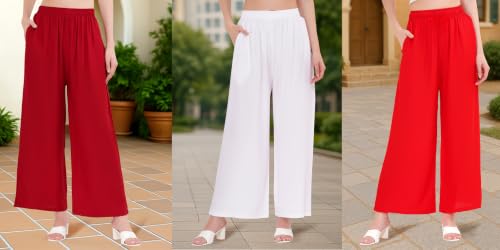 Image of Buy That Trendz Palazzo Pants for Women Rayon Elasticated Regular Fit Flared Wide Leg M to 6XL Pack of 3