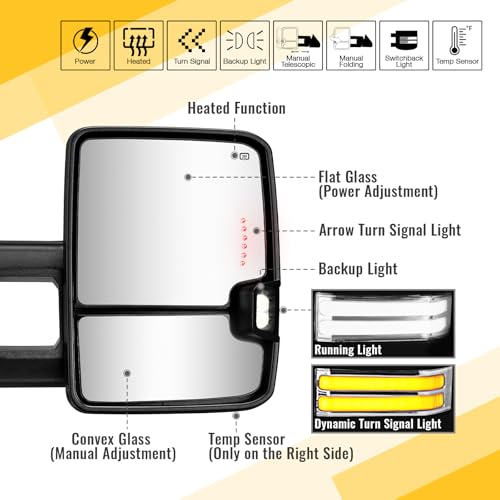 Towing Mirrors Switchback Lights for 2014-2018 Chevy Silverado GMC Sierra 1500 2500 HD 3500 HD with Turn Signal Running Lights Power Glass Backup Lamp Heated Pair