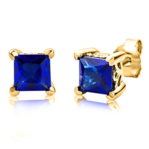 ByJoy Pendientes Mujer Plata de Ley (925/1000) Plata Talla Princesa Azul Zafiro Sintético Zafiro