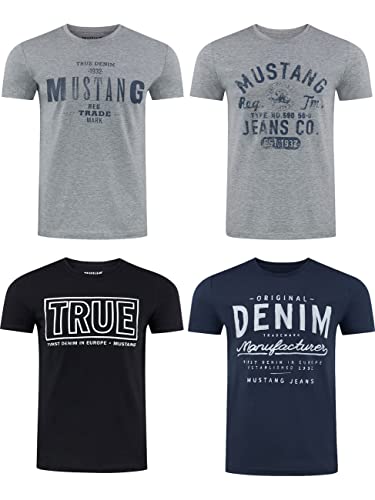MUSTANG Herren T-Shirt 4er Pack Frontprint O-Neck Rundhalsausschnitt Kurzarm Regular Tee Shirt 100% Baumwolle Schwarz Weiß Grau Blau Grün… – Ansicht 1