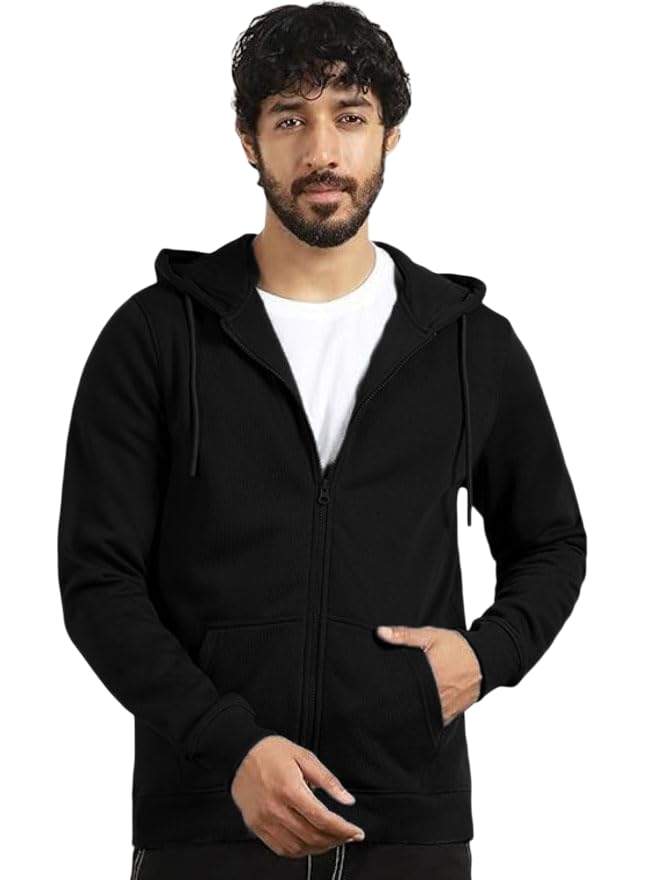 Image of Cotton Fleece Full Sleeve Regular Fit Hooded Neck Zipper Jacket for Men
