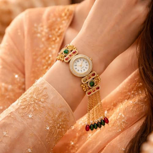 Image of Kashmiri Watch with Colorful Beads for Women | Gold Chain, Traditional Design, Pearl Strap with Blue Bird Design, Wedding & Festive, Ethnic Wrist Watch