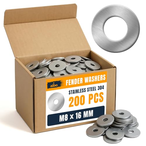 ALBO 200 Pcs M8 x 16 mm 304 Stainless Steel Fender Flat Washers