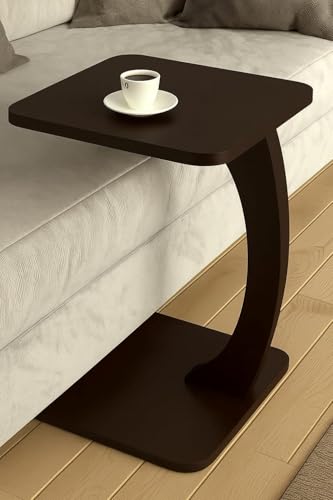 Image of Modern C-Shaped Side Table for Sofa & Bed - Multi-Purpose Laptop Table, Snack Holder, Book & Plant Stand - Compact & Sturdy Bedside Table (Dark Brown,)