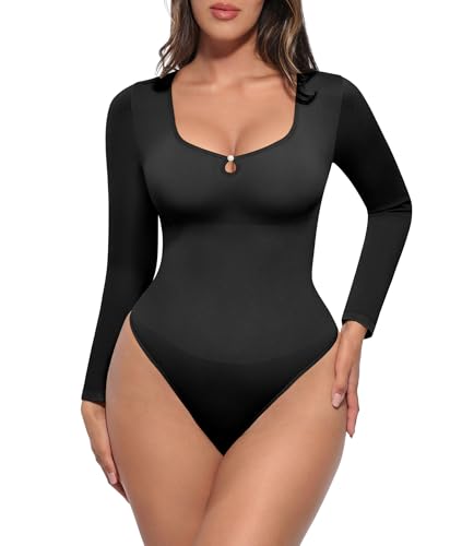 FeelinGirl Long Sleeve Shapewear Bodysuit for Women - Tummy Control Body Suits Seamless Thong Round Neck Body Shaper