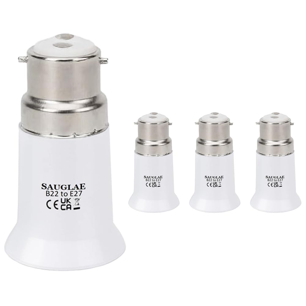 SAUGLAE B22 to E27 Socket Converter (200W Max), Bayonet to Screw Bulb Adapter for LED/CFL/Halogen Bulbs, Fireproof Housing