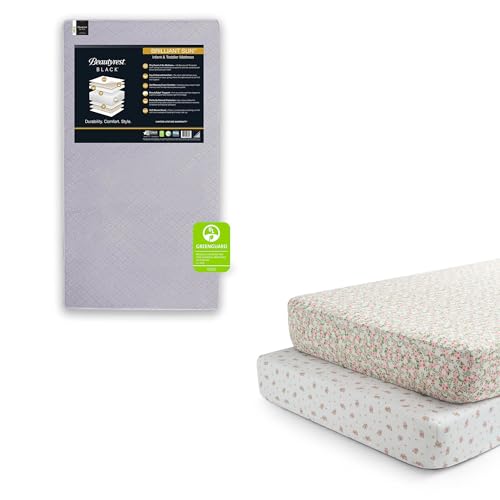 Image of Beautyrest Beginnings Black Brilliant Sun Crib and Toddler Mattress + Delta Children Fitted Crib Sheets for Girls and Boys (Pack of 2), Pink Floral (Bundle)