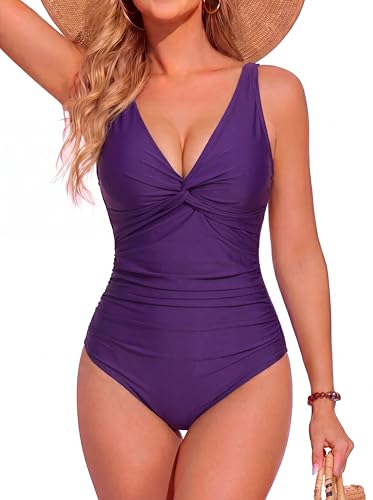 Image of Smismivo Women's Tummy Control Swimsuit One Piece Slimming Ruched Push Up Bathing Suit Vintage Padded Retro V Neck Swimwear