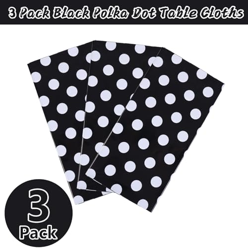 Image of Kesfey 3 Packs Black Polka Dot Plastic Table Cloth 54x108 Inch Black and White Dots Mini Mouse Tablecloths Disposable Black Waterproof Picnic Table Covers for Rectangle Tables Birthday Party Supplies