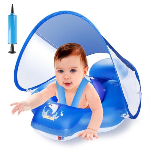 Boya de natación para bebé con toldo solar UPF50+, Flotador para bebé Parner, Ayuda de natación para niños de 3 a 36 meses, Azul (S)
