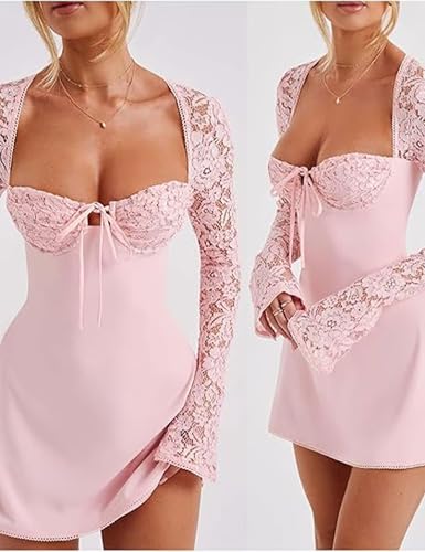 Image of Women 's Elegant Bodycon Dress Lace Patchwork Long Sleeve Low Cut Mini Dress Backless Tie-up Going Out Dress