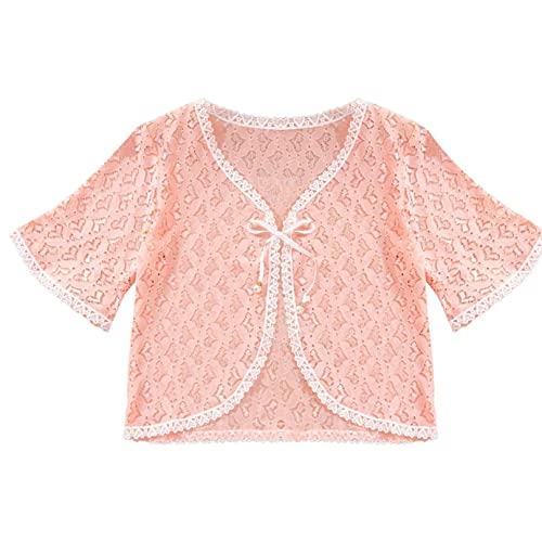 Little Girls Middle Sleeve Flower Lace Hollow Cardigan Wedding Party Dress Cover Up for Summer Casual Wear3