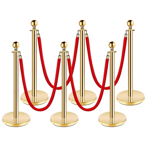Stanchion Post with Velvet Rope, VIP Stanchion Queue Pole Barrier Posts, Red Carpet Stanchion Set, Gold 6-Pack
