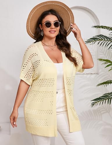 Image of Summer Crochet Cardigan Plus Size Women Short Sleeve Open Front Knitted Cardigans Lightweight Cover Up for Beach