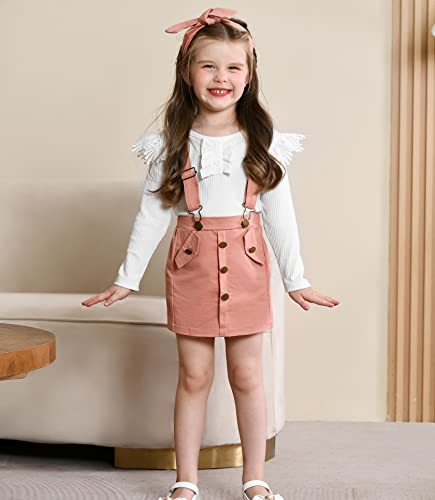 Image of Weixinbuy Toddler Girl Fall Clothes Lace Fly Sleeves Ribbed T-shirt+Suspender Skirt+Headband Winter Outftts Clothing Set 1-6T