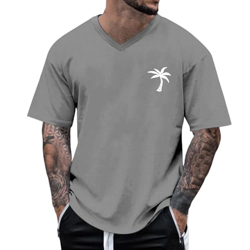 Camiseta de gran tamaño para hombre, camiseta de verano de cuello redondo, manga corta, camiseta con estampado de árbol de coco, camisetas básicas para hombre, camisas casuales sueltas, gris oscuro