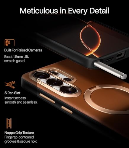 Image of TORRAS Q3 VegSkin Original Imported S26 Ultra Case, 360 Magnetic Stand, MagSafe Compatible, Mil-Grade Drop Tested, Organic Silicone Leather Galaxy S26 Ultra Back Cover, Saddle Brown