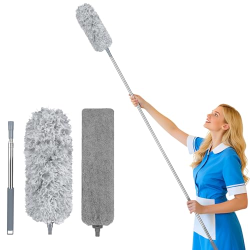 Fogray 2-in-1 Extendable Feather Duster & Gap Cleaning Tool Set Telescopic Washable Microfiber Head with Soft Silicone Cap & Bendable Flat Crevice Duster for High Ceiling and Under Furniture Cobweb