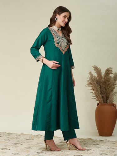 Image of MOKOSH Women's Silk Embroidered Anarkali Kurta Pant & Dupatta | Anarkali Kurta Set |Embroidered | V Neck 3 /4 Sleeve Ethnic Suit |3 Piece Outfit | Floral 3 Colour Options Available