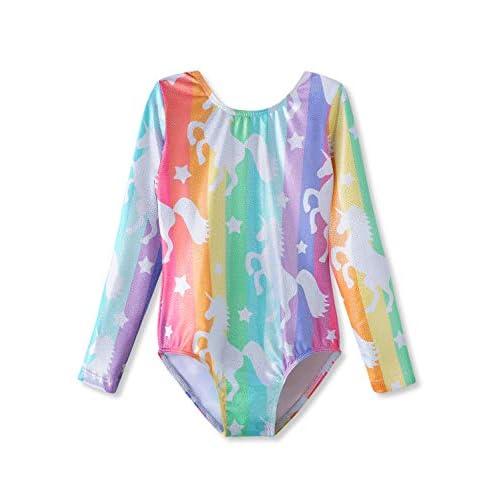 HOZIY Gymnastics Leotards for Girls Unicorn Pink Purple Sparkly Dancewear Activewear Quick Dry 5-6 Years Long Sleeve-colorful Unicorns
