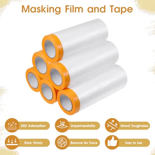 Image of 6 Rolls 60 In x 65 Ft Painters Plastic With Tape, Pre-Taped Masking Film, Tape and Drape, Paint Adhesive Protective Film Roll for Automotive Painting Covering, Automotive Best Masking Tape Painting