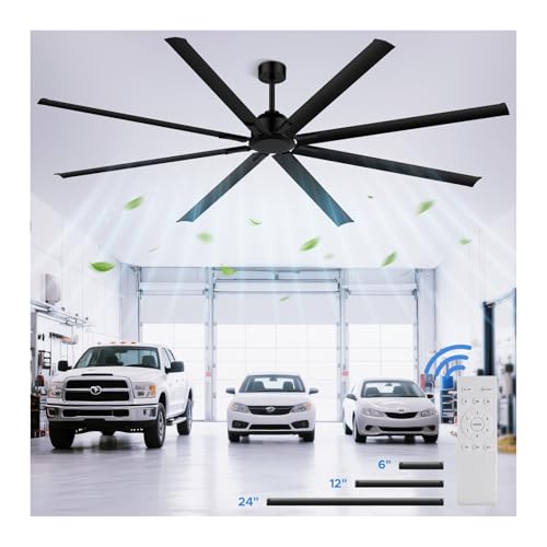 96 Inch Industrial Ceiling Fan Large Commercial HVLS Shop Ceiling Fan for Garage Patio Gym Big Assed Ceiling Fans with 8 Metal Blades Quiet Reversible DC Motor Remote Control 6 Speeds(Black)