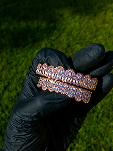 14K Rose Gold Baguette Joker Pink Grillz For Mouth Top Bottom Hip Hop Teeth Grills For Teeth Mouth Grillz For Mouth Top Bottom Hip Hop 8 Teeth Prong Set Cz Diamonds Grills For Tooth #TOP6