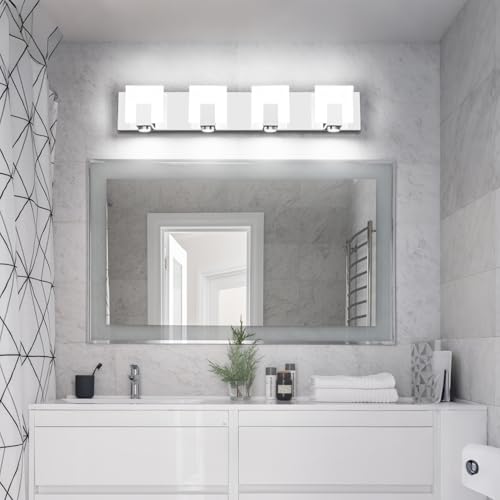 Image of SOLFART Bathroom Vanity Light Chrome Stainless Steel Acrylic LED Bathroom Light Fixtures Over Mirror 4 Lights ND
