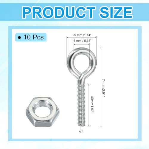 Image of PATIKIL M8x40mm Eye Bolts, 10 Pcs Carbon Steel Threaded Eyebolt Eye Hooks Screws with Nut for Hanging or Securing Cables Silver