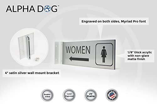 Hallway Projecting Women's Restroom Sign For Business, Left Arrow, 4"H X 12"W, 1/8" Double-Sided Corridor Sign, Engraved, Uv Stable Plastic - Made In The Usa By Alpha Dog Ada Signs (Brushed Stainless) #TOP2