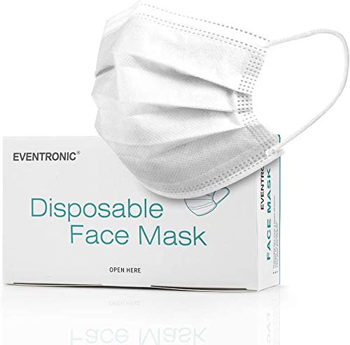 Disposable Face Masks 50 Pack, Eventronic 3 Ply Breathable Face Masks with Comfortable Elastic Ear Loop For Adults Men Women Teens (White)