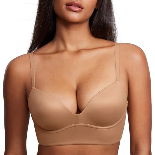 Image of DOBREVA Women's Push Up Wireless Bra Padded T Shirt Bras No Underwire Plunge Bralette