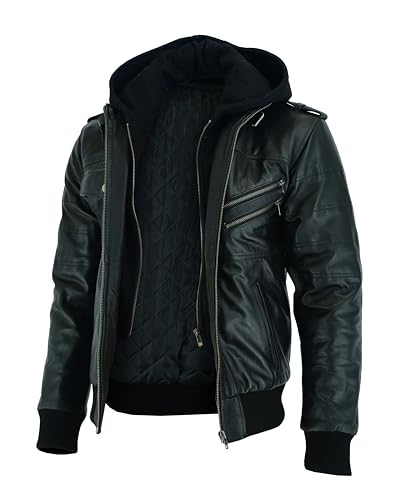 Vance The Leather Company Herren Echt Lederjacke aus 100% Rindsleder Abnehmbarer Hoodie, Schwarz, XL