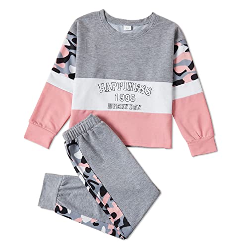Patpat 2Pcs Kids Girls Outfits Letter Camouflage Print Colorblock Long Sleeve Sweatshirt Top And Pants Set Grey 9-10 Years #TOP23