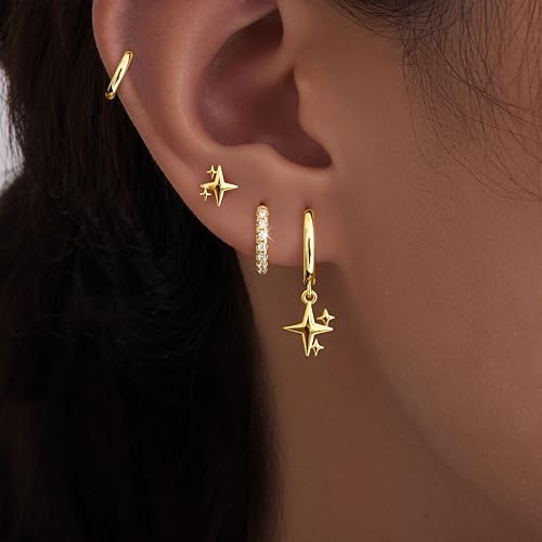 Image of Small Gold Huggie Hoop Earrings Set for Women Men Hypoallergenic 14K Plated Stack Cartilage Earrings, Sterling Silver Multiple Piercing Lightweight Mini Thin Cute Dainty Trendy Jewelry Gifts for Women