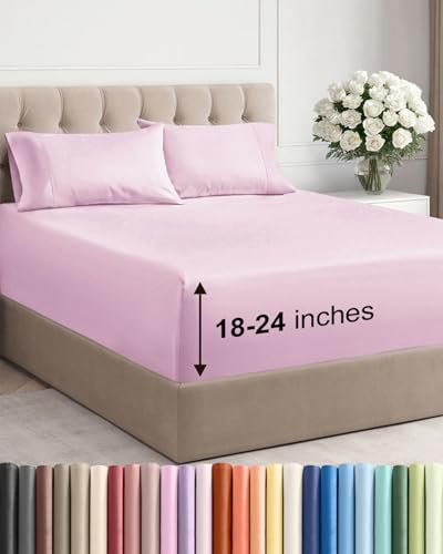 Image of Extra Deep Twin Sheet Set - 4 Piece Breathable Cooling Sheets - Light Pink | Hotel Luxury Bed Sheets Set, Easy & Secure Fit, Ultra-Soft, Wrinkle & Fade Free, Comfy Sheets Set with Extra Deep Pockets