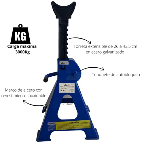 Caballetes mecánicos para elevar automoviles, Ideal para talleres de Coches y Trabajos domésticos, Carga máxima 3 Toneladas (3x2= 6toneladas), 3 Posiciones 26cm - 43,5 cm.