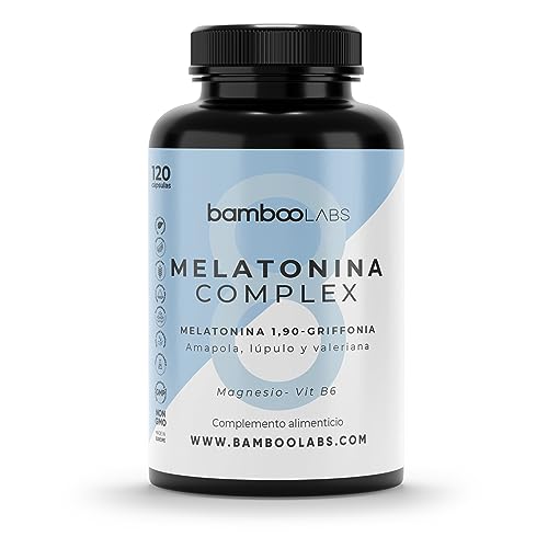 Bamboo Labs - Melatonina pura 1,9 mg com extrato de griffonia 5htp, papoiila, lúpulo, valeriana, magnésio e vitamina B6, 120 cápsulas, melhora a qualidade do sono e ajuda ao relaxamento