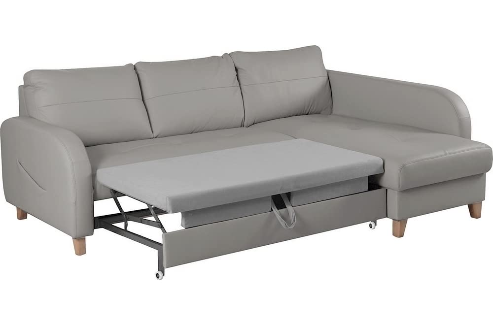 Canapé d'angle Convertible en Cuir de Luxe Italien, 5 Places CONFORIA, Gris Clair, Angle Droit