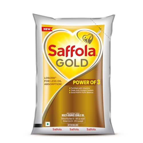 Image of Saffola Gold Refined Cooking oil | Power of 3 - Balance of Good Fats, Triple Anti-Oxidant System & Fortified with Vitamins | Multi-Source Edible Rice Bran & Corn Oil | 1 Litre /910 Gm Pouch