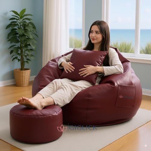 Image of 4XL Bean Bag Chair with Footrest & Cushion | Pre-Filled Beans | PVC Leatherette Lounger Sofa | Indoor & Outdoor Bean Bag with Pocket & Handle | Double Stitching | 6 Months Warranty Color- (Maroon)