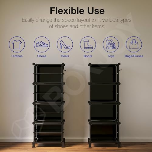 Image of BOXJOY 8 Shelf Black Shoe Rack for Home with 4 Brown Doors, Hard PET Plastic with Metal Door Frame, Shoe Chappal Slipper Sandals Stand