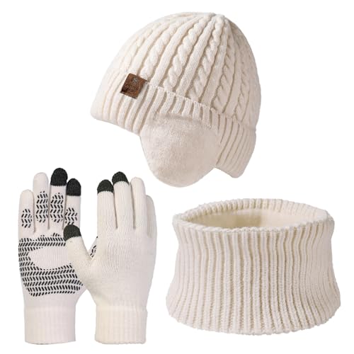 Image of Decorie 3 Pcs Unisex Winter Knitted Warm Hat Scarf and Gloves Set - Beanie Cap with Earflaps,Touchscreen Gloves and Neck Warmer Scarf Fleece Lined for Men and Women (Cream,One Size)