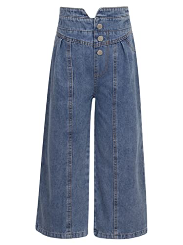 Youth Girls Casual Distressed Denim High Waist Button Wide Leg Baggy Jeans Pants with Pockets3