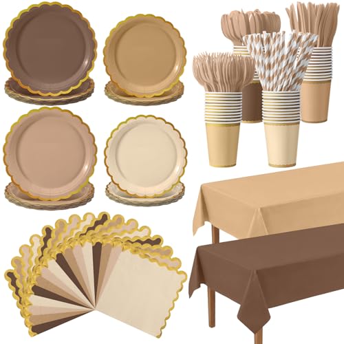 Vesici 452 Pcs Brown Party Supplies Set Gold Rim Disposable Tableware with 9 7 Paper Plates Napkins Tablecloths 9oz Cups Cutlery Straws Neutral Party Decorations for Birthday Wedding Baby Shower